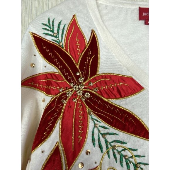 Jack B. Quick Holiday Beaded Poinsettia Appliqued Christmas Sweater Womens L - Picture 5 of 10